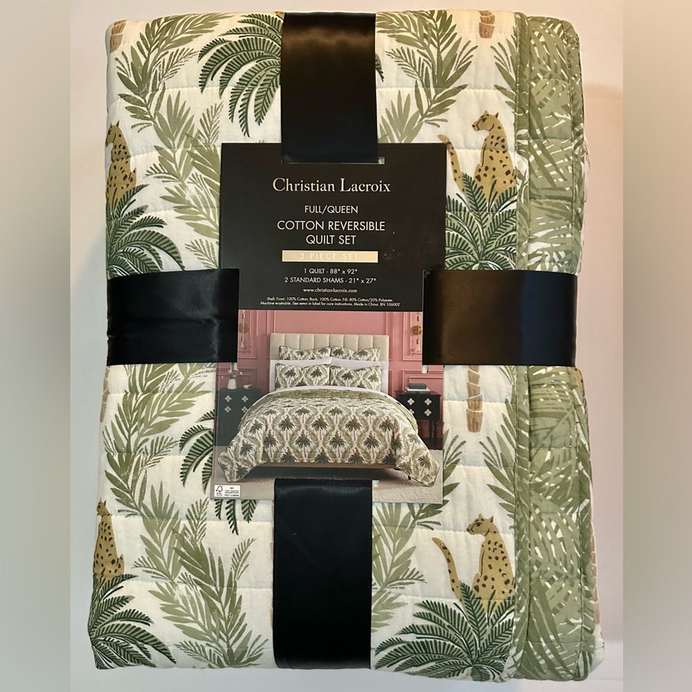 3pc CHRISTIAN LACROIX PalmLeopard Print Cotton Reversible Quilt Set - Green